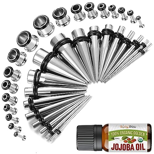 BodyJ4You 37PC Ear Stretching Kit - 14G-00G Beginner Gauges - Aftercare Jojoba Oil - Surgical Steel Tapers Single Flare Plugs Tunnels - Stretchers Expanders Eyelets