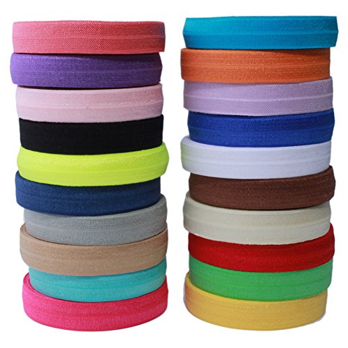 BASOKAN Solid Color Sewing Fold Over Elastic Stretch FOE and Foldover FOE Trim Elastic Ribbon by the yard for Hair Ties Headbands (5/8 inch, 1.5 cm, 20 Yards, Mix 20 Colors)