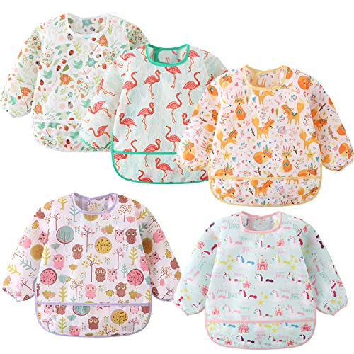 ElecMotive 5 Pack Long Sleeve Bib,Baby Toddler Waterproof Sleeved Bib for 6-30 Months Reusable with Catch-all Pocket
