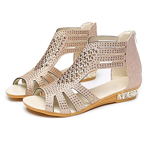 Women's Hollow Sandals Fashion Vintage Outdoor Zip Up Crystal sandal With Rhinestones Cross Strap Strappy Slip on Beige, 6.5