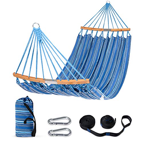 SUNCREAT Hammocks Double Hammock with Curved Spreader Bar, Outdoor Portable Hammock with Carrying Bag & Tree Straps for Bedroom, Patio, Backyard, Balcony, Max 450lbs Capacity, Blue