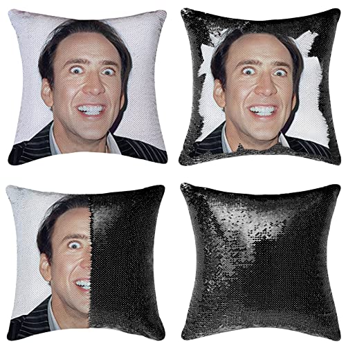 JYVNCZ Nicolas Cage Gag Gifts Sequin Pillow Cover Magic Mermaid Reversible Pillowcase Funny Gifts Decorative Cushion Cover Glitter Accent Pillow 16x16 Inches（Black）