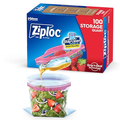 Ziploc Quart Food Storage Bags, Stay Open Design with Stand-Up Bottom, Easy to Fill, 100 Count