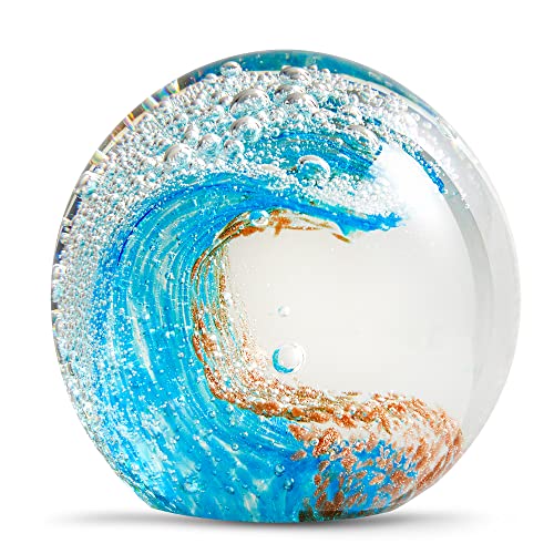 EUSTUMA Hand Blown Glass Figurines Ball Ocean Waves,Office Paperweight Glass for Desk,Home Decor Collectible,Aquarium Decor,Office Decor Ocean Lovers (Blue)