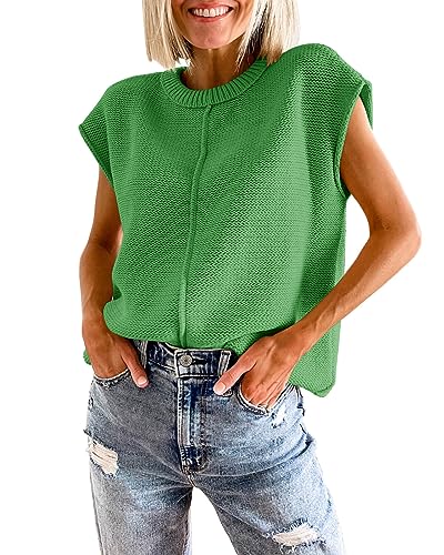 Saodimallsu Womens Tank Tops Summer Causal Loose Fit Cap Sleeve Crew Neck Knit Lightweight Sweater Pullover Top Green