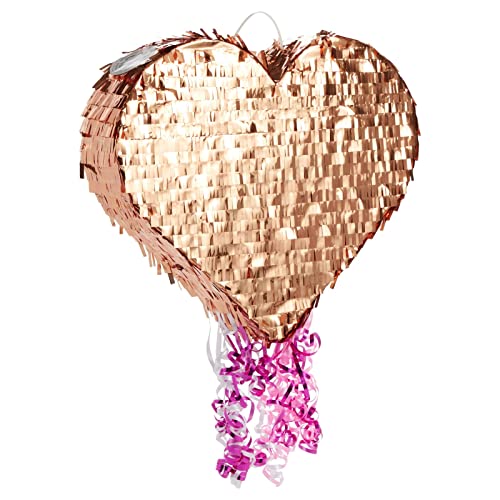 Sparkle and Bash Pull String Heart Pinata for Birthday Party, Rose Gold Foil Decorations (15.7 x 13 x 3 In, Small)