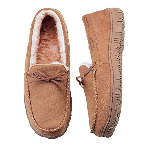 VLLy Moccasin Slippers for Men Microsuede Upper and Soft Plush Lining with Cloud-Like Comfort and Slip-Resistance Rubber Sole Brown Size 9 US