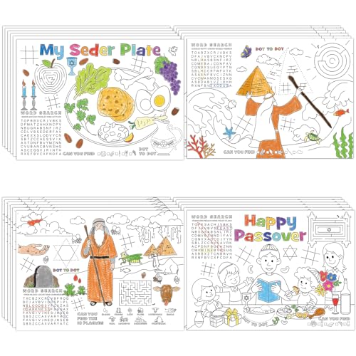 Sinasasspel Passover Coloring Placemats 24PCS Pesach Disposable Table Mats for Boys Girls Jewish Holiday Paper Coloring Sheets Dinning Party Seder Plate Ten Plagues Color in Activity Games 4 Design