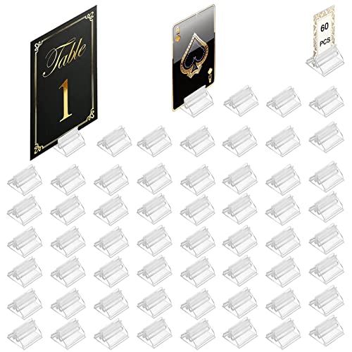 Table Number Place Card Playing Card Holders 60 Pack, Clear Acrylic Business Card Holder Stand for Display Paper Game Piece Pictures Clip Price Board Photos Memos Menus Labels Stand Party, 0.75in