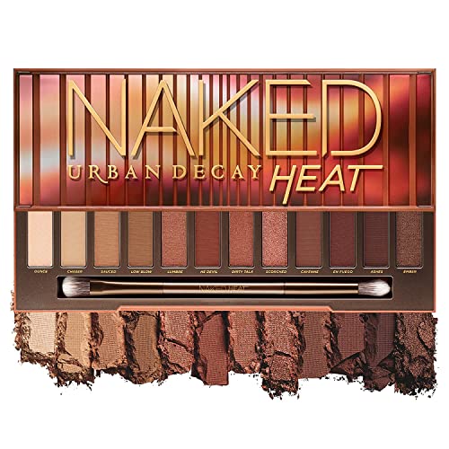 URBAN DECAY Naked Heat Eyeshadow Palette, 12 Fiery Amber Neutral Shades - Ultra-Blendable, Rich Colors with Velvety Texture - Set Includes Mirror & Double-Ended Makeup Brush