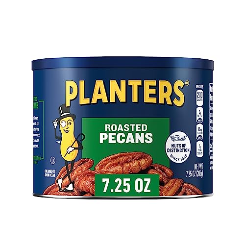 PLANTERS Roasted Pecan Nuts, Party Snacks, Plant-Based Protein, Nuts for Baking, Quick Snack for Adults, After School Snack, Roasted Pecans, Flavored with Sea Salt, Kosher, 7.25oz Canister