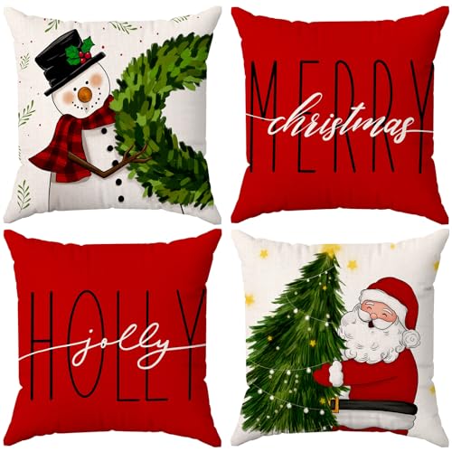 Brightown Red Christmas Pillow Covers 18x18 Set of 4 Christmas Decorations Winter Holiday Decor Throw Cushion Case for Home Couch