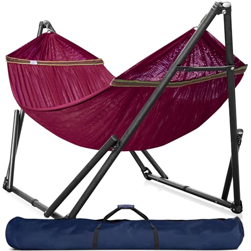 Tranquillo Double Hammock with Stand Included for 2 Persons/Foldable Hammock Stand 600 lbs Capacity Portable Case - Inhouse, Outdoor, Camping, Red