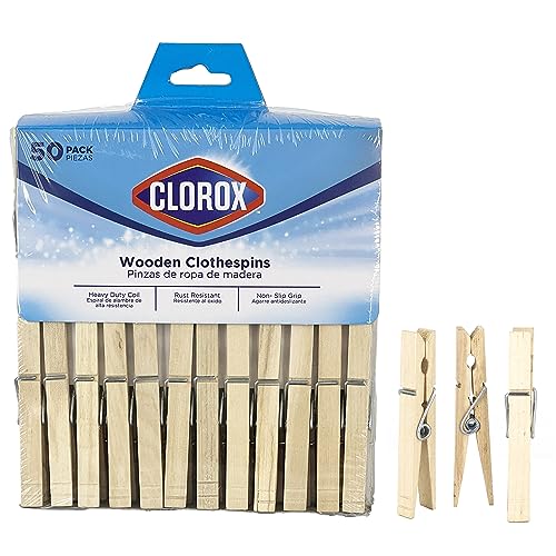 Clorox Wood Clothespins with Spring - Value Pack of 50 Clips, Rust Resistant with Heavy-Duty Coil for Line Drying Laundry, Chip Bags, and Crafts