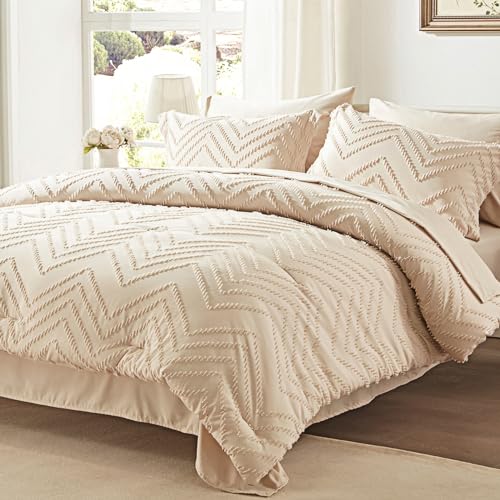 Anluoer Queen Comforter Set, Beige Tufted Bed in a Bag 7 Pieces with comforters and Sheets, All Season Bedding Sets with 1 Comforter, 2 PillowShams, 2 Pillowcases, 1 Flat Sheet, 1 Fitted Sheet