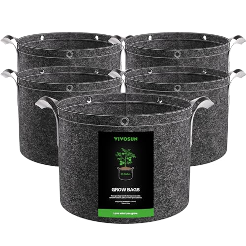 VIVOSUN 5-Pack 25 Gallon Grow Bags, 360G Thick Nonwoven Fabric Pots with Strap Handles, Multi-Purpose Rings, for Low Stress Plant Training Fruits, Vegetables, and Flowers