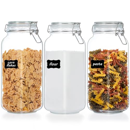 Vtopmart 78oz Glass Food Storage Jars with Airtight Clamp Lids, 3 Pack Large Kitchen Canisters for Flour, Cereal, Coffee, Pasta and Canning, Square Mason Jars with 8 Chalkboard Labels