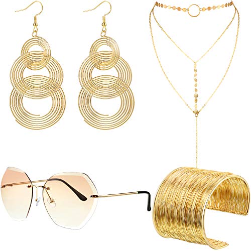 Hicarer 70s Disco Set Rimless Diamond Cutting Sunglasses Wire Metal Coil Bracelets Layered Choker Necklace Triple Swirl Disco Earrings (Gold)