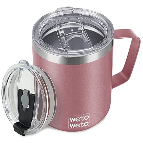 WETOWETO Coffee Mug with Handle, 14oz Insulated Stainless Steel Coffee Travel Mug, Double Wall Vacuum Reusable Coffee Cup with Lid, Powder Coated Rose Gold