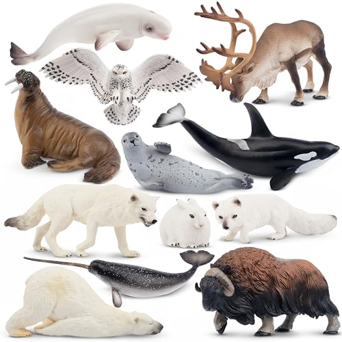 Toymany 12PCS 4-7' Large Polar Animals Figurines, Plastic Arctic Animal Toy Preschool Set Includes Polar Bear,Caribou,Whales,Walrus, Cake Toppers Christmas Birthday Toys Gift for Kids Toddlers