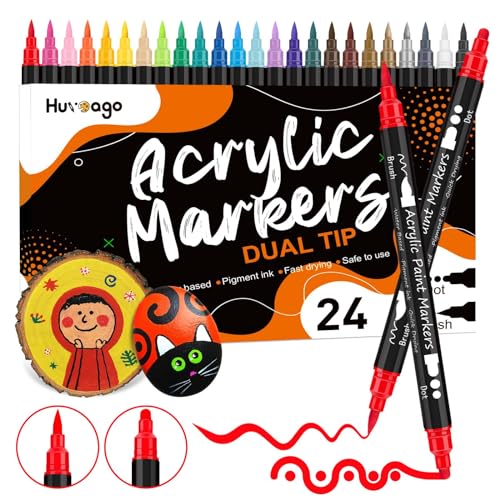 Huvoago 24 Colors Acrylic Paint Pens, Dual Tip Paint Markers With Dot Tip and Brush Tip for Rock Painting, Ceramic, Wood, Plastic, Glass, Art Supplies Permanent Markers Pens for Kids, Adults