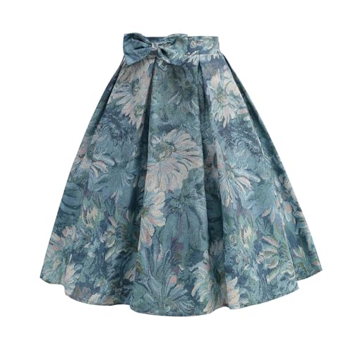 nhApmj Women Retro Floral Print Skirt High Waist Short Skirt A Line Mini Skirt Casual Loose Skirt Bowknot Pleated Dress