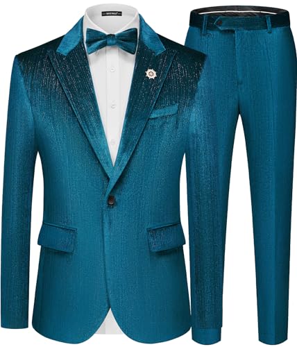 MAGE MALE Mens Suits Velvet Tuxedo Suit Set Slim Fit 2 Piece Luxurious Party Dinner Jacket Pants with Bow Tie Blue