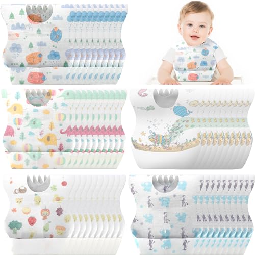 Shinymoon 100 Pcs Disposable Baby Bibs Individual Wrapped Travel Bibs Waterproof Food Catcher for Toddlers Girls Boys Feeding (Classic Style)