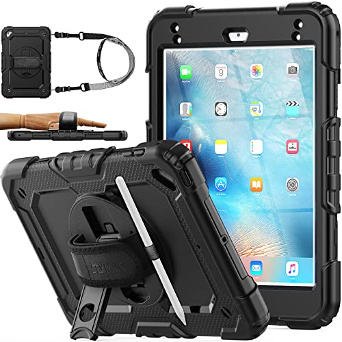 SEYMAC stock Case for iPad Mini 5/4 with Screen Protector Pencil Holder [360 Rotating Hand Strap] & Stand, Drop-Proof Case for iPad Mini 5th/4th Generation 7.9 inch (Black)