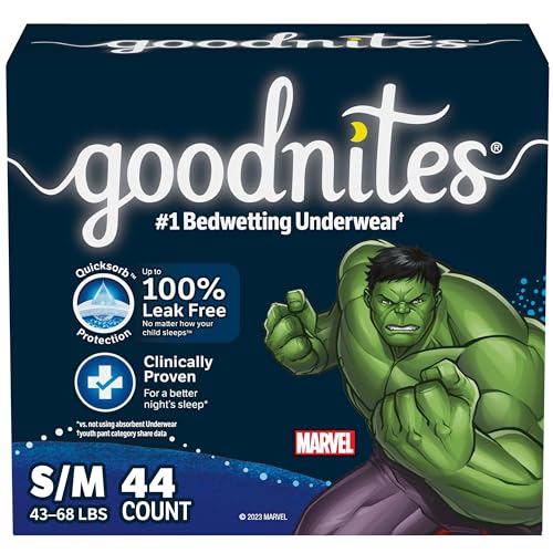 Goodnites Boys' Nighttime Bedwetting Underwear, Size S/M (43-68 lbs), 22 Ct (Pack of 2), Packaging May Vary