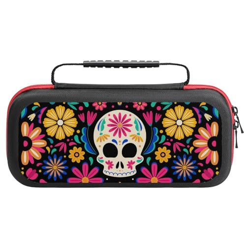PUYWTIY Portable Travel Game Carrying Case Compatible with Nintendo Switch, Mexican Sugar Skulls Mexico Day of The Dead Flowers Hard Shell Protective Cover Bag for Game Console & Accessories