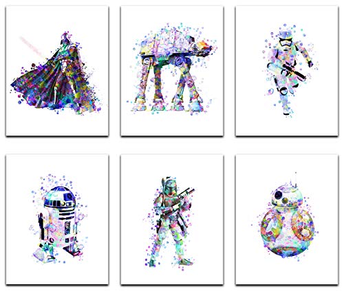 HerZii Prints Star Wars Poster Watercolor Prints Set Of 6 8x10 Inch - Star Wars Decor - Bathroom, Bedroom Living Room Decor, Birthday Gift - Darth Vader, Stormtrooper, Boba Fett, ATAT R2D2, BB8