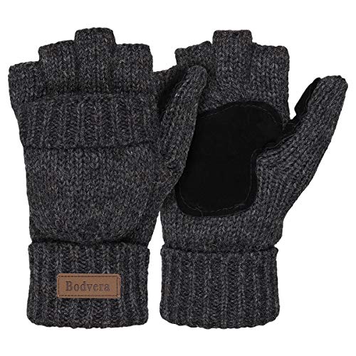 Bodvera Thermal Insulation Fingerless Texting Wool Gloves for Women and Men Winter Warm Knitted Convertible Mittens Flap