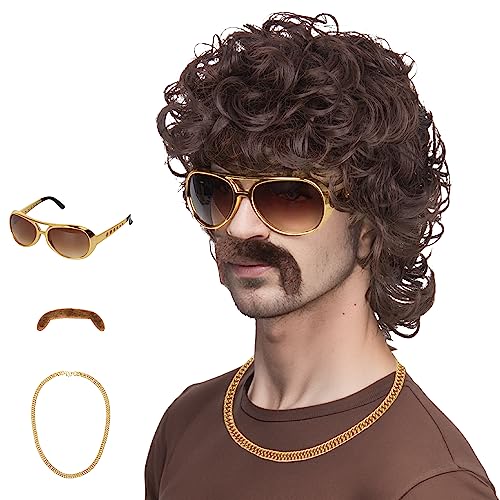 M MISS U HAIR 70s Wigs for Men Disco Wig for Halloween Party Short Brown Feathered Wig with Glasses Gold Necklace Mustache