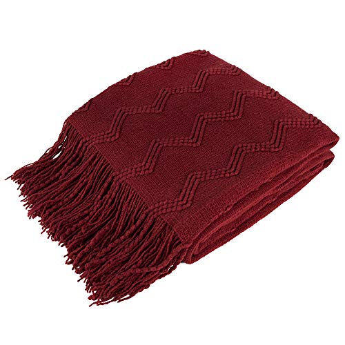PAVILIA Maroon Red Knit Throw Blanket Couch, Soft Knitted Boho Farmhouse Home Decor Woven Throw, Cozy Decorative Afghan Bed Sofa, Outdoor Summer Fall Gift Lightweight, Burgundy Wine Cranberry, 50x60