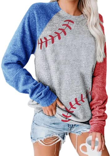 Baseball Theme Pullover Tops for Women Raglan Long Sleeve Sweatshirt Casual Round Neck Blouse (Gray, large)