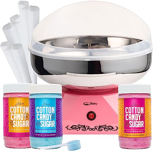 The Candery Cotton Candy Machine with Stainless Steel Bowl 2.0 and Floss Bundle- Flossing Sugar Floss Candy for Birthday Parties Fairs - Includes 3 Floss Sugar Flavors 12oz Jars and 50 Paper Cones