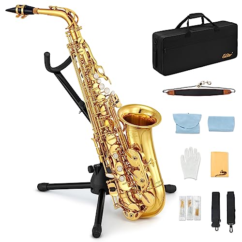 Eastar AS-Ⅱ Student Alto Saxophone E Flat Gold Lacquer Alto Beginner Sax Full Kit With Carrying Sax Case Mouthpiece Straps Reeds Stand