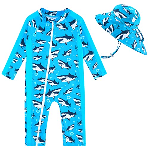 UNIFACO Baby Boys' Swimwear Sunsuits 9-12 Month Boy Swimsuit And Hat Infant Rash Guad Long Sleeve Beavh Wear SPF Clothing