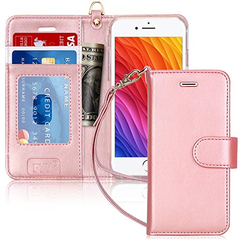 FYY Case for iPhone 6/6s, PU Leather Wallet Phone Case with Card Holder Flip Protective Cover [Kickstand Feature] [Wrist Strap] for Apple iPhone 6/6s 4.7' Rose Gold