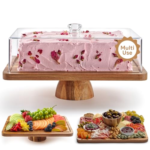 Homesphere Acacia Wood Cake Stand with Lid - Rectangular Cake Holder, 2-in-1 Dessert Table Display Set & Charcuterie Board for Cheese, Chips, Fruit Platter, Large Acrylic Cake Dome Cover, No Glass