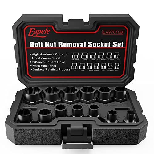 Eapele Bolt Extractor Set, Stripped Nut Remover Twist Sockets, Fit 3/8' Square Drive with Solid Storage Case (13pcs, Black)