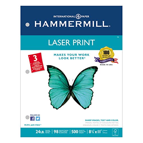 Hammermill Paper, Premium Laser Print Paper 8.5 x 11 Paper, Letter Size, 3 Hole, 24lb Paper, 98 Bright, 1 Ream / 500 Sheets (107681R)