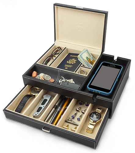 HOUNDSBAY Mens Jewelry Box Nightstand Organizer - Everyday Carry Valet Tray for Men - Watch and Jewelry Box for Men with Large Smartphone Charging Station - Mens Jewelry Organizer & Valet Box