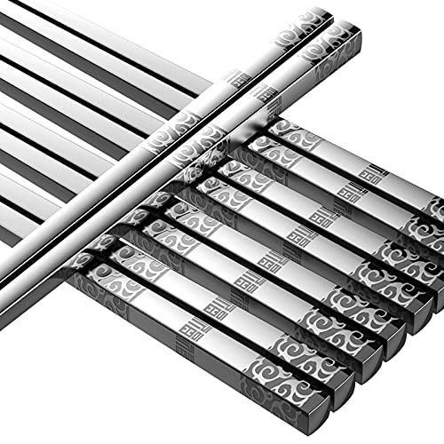 TINMARDA Metal Chopsticks Reusable 5 Pairs Stainless Steel Chopsticks Dishwasher Safe Square Lightweight Non-Slip Chop Sticks Gift Set (Silver)