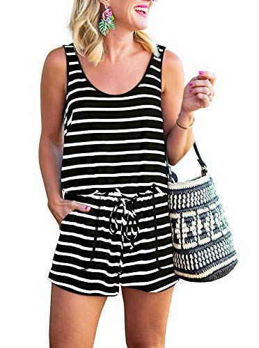 REORIA Womens Casual Summer One Piece Sleeveless Tank Top Striped Playsuits Yoga Short Jumpsuit Beach Rompers Black+White Large