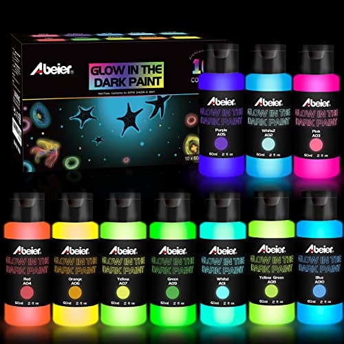 ABEIER Glow in the Dark Acrylic Paint, 10 Bright Colors (60ml/2oz) blacklight Paint, Neon Craft Paint, Long Lasting Glow Fluorescent Paint Ideal for DIY Projects Halloween Easter Christmas Decorations