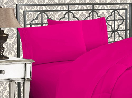 Elegant Comfort Luxurious 1500 Premium Hotel Quality Microfiber Three Line Embroidered Softest 4-Piece Bed Sheet Set, Wrinkle and Fade Resistant, Queen, Hot Pink
