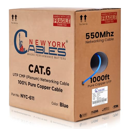 Cat6 Plenum Cable 1000ft (CMP) - 100% Pure Copper Cat6 Cable 1000ft - 4 Pair UTP, 23 AWG, 550MHz 10GB Internet Cable - Fluke Tested Cat 6 Bulk Ethernet Cable - Available in Multi Colors (Blue)