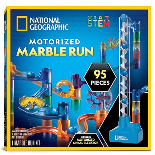 National Geographic Marble Run with Motorized Elevator - 95-Piece Marble Maze Kit with Motorized Spiral Lift, 20 Marbles, Storage Bag & More, Perpetual Motion Machine, Marble Game, Kids Physics Toys